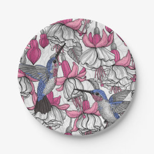 Assiettes En Carton Fuchsia et colibris blancs