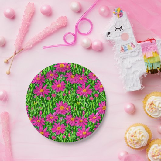 Assiettes En Carton Fuchsia Fleurs sauvages roses dans un champ (Fête)