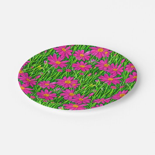 Assiettes En Carton Fuchsia Fleurs sauvages roses dans un champ (Angle)