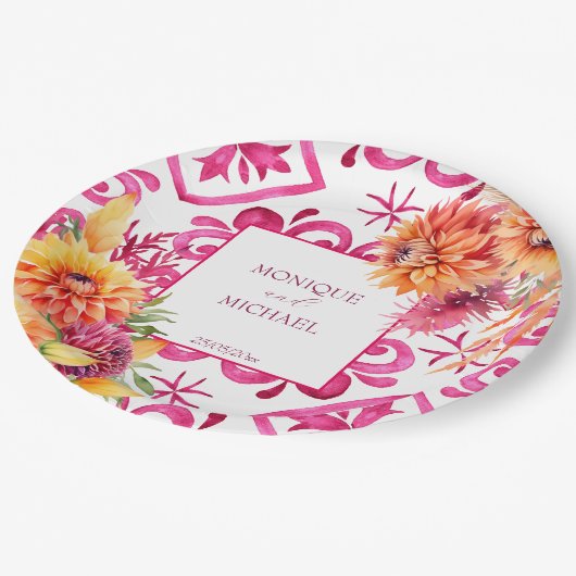 Assiettes En Carton Fuchsia Majolica carreaux orange dahlia modèle (Angle)