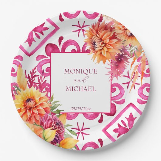 Assiettes En Carton Fuchsia Majolica carreaux orange dahlia modèle (Devant)