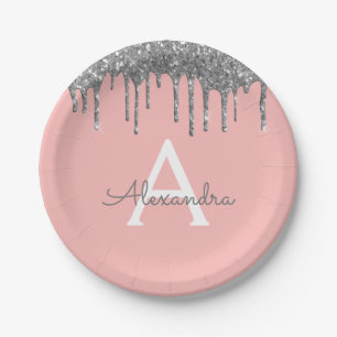 Assiettes En Carton Fuchsia Pailleté Argent Monogramme Anniversaire