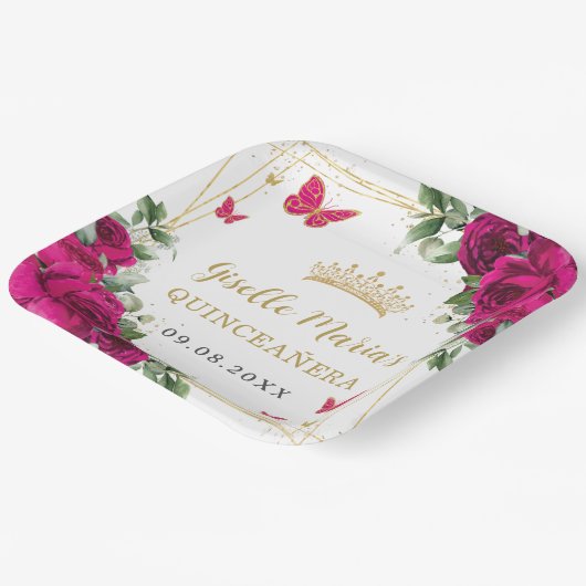 Assiettes En Carton Fuchsia Rose Chaud Floral Papillons Quinceañera (Angulaire)