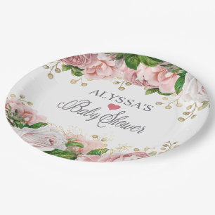 Assiettes En Carton Fuchsia Rose Doré Floral Petite Fille Baby Shower 