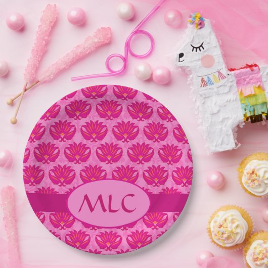 Assiettes En Carton Fuchsia rose moderne Art nouveau Damas Monogramme (Fête)