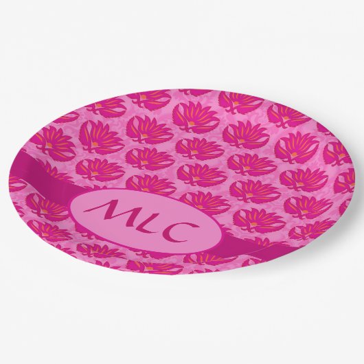 Assiettes En Carton Fuchsia rose moderne Art nouveau Damas Monogramme (Angle)