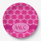 Assiettes En Carton Fuchsia rose moderne Art nouveau Damas Monogramme (Devant)