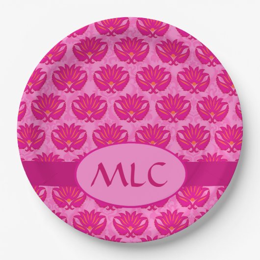 Assiettes En Carton Fuchsia rose moderne Art nouveau Damas Monogramme (Devant)