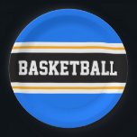 Assiettes En Carton Fun Bleu Bleu Noir Jaune BASKETBALL rayures<br><div class="desc">Cette conception sportive présente du texte en BASKETBALL en gras à l'intérieur d'une large bande horizontale de course centrale en noir surligné de deux rayures blanches flottantes contre des rayures extérieures en bleu vif. Le texte peut être personnalisé.</div>