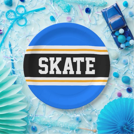 Assiettes En Carton Fun Bright Bleu Noir Jaune SKATE Stripes de course (Fête)