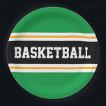 Assiettes En Carton Fun Bright Green Black Yellow BASKETBALL Strips<br><div class="desc">Cette conception sportive présente du texte en BASKETBALL en gras à l'intérieur d'une large bande horizontale de course centrale en noir surligné avec des rayures blanches flottantes jumelles contre des rayures extérieures verdoyantes. Le texte peut être personnalisé.</div>