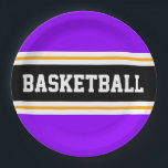 Assiettes En Carton Fun Bright Violet Noir Jaune BASKETBALL rayures<br><div class="desc">Cette conception sportive présente du texte BASKETBALL en gras à l'intérieur d'une large bande horizontale de course centrale en noir surligné de deux rayures blanches flottantes contre des rayures extérieures violettes. Le texte peut être personnalisé.</div>