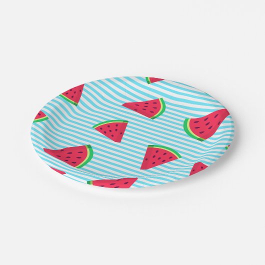 Assiettes En Carton Fun Chic Watermelon Slices Blue Lines Motif (Angle)