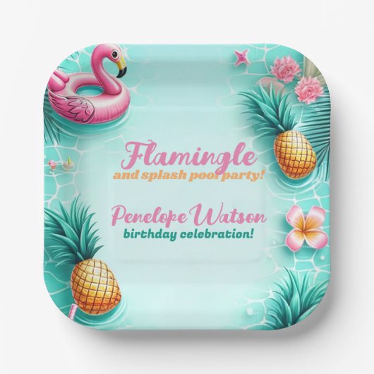 Assiettes En Carton Fun Flamant rose et ananas Summer Pool Party (Recto)