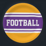 Assiettes En Carton Fun FOOTBALL violet jaune blanc rayures de course<br><div class="desc">Cette conception sportive et sportive présente un texte en FOOTBALL audacieux à l'intérieur d'une large bande violet surlignée avec deux bandes blanches contre un arrière - plan jaune doré. Le texte de cette conception peut être personnalisé.</div>