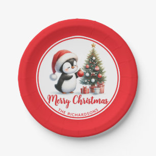 Assiettes En Carton Fun Penguin Rouge Blanc Personnalisé Joyeux Noël