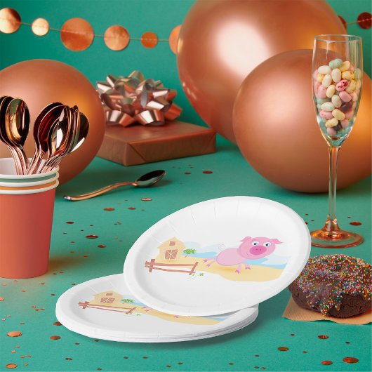 Assiettes En Carton Fun Pig sur ferme avec grange et clôture