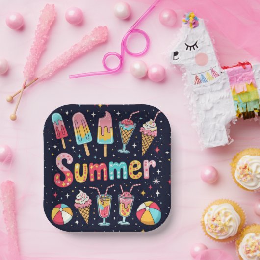 Assiettes En Carton Fun Summer Graphics On Black (Fête)