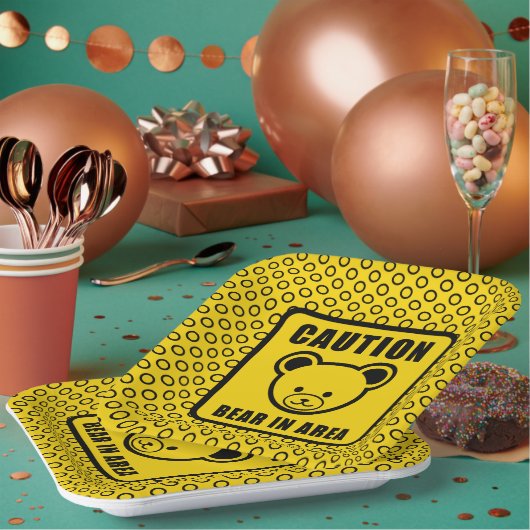 Assiettes En Carton Funky Jaune Teddy Ourson Avertissement Signal Art (Multi)
