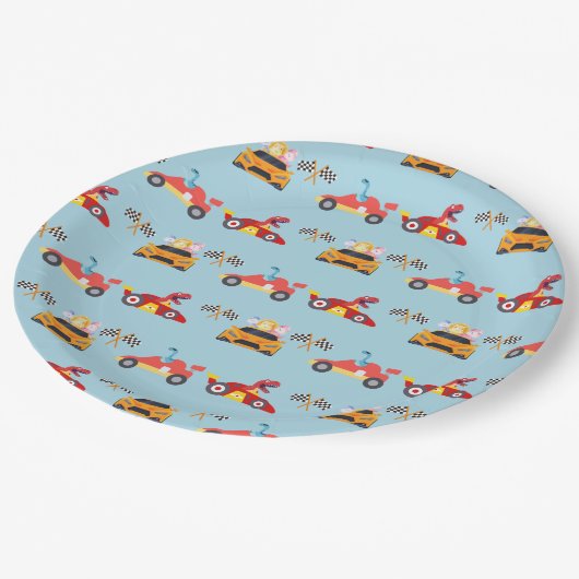 Assiettes En Carton Funny Dinosaur voiture de course garçon anniversai (Angle)