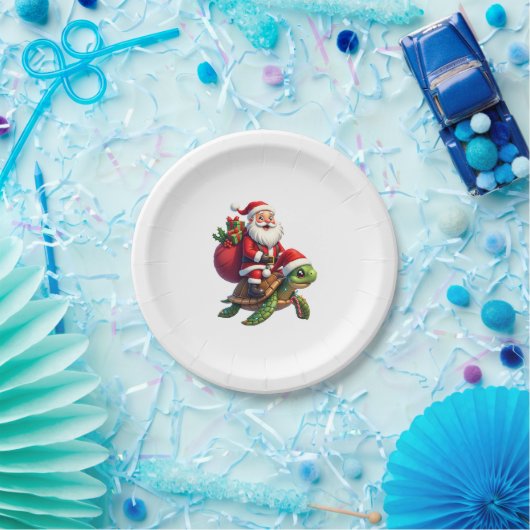 Assiettes En Carton Funny Turtle Christmas Santa Riding Sea Turtle Xma (Fête)