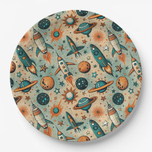 Assiettes En Carton Fusées Cosmiques Fantaisistes Étoiles Sarcelle Cor