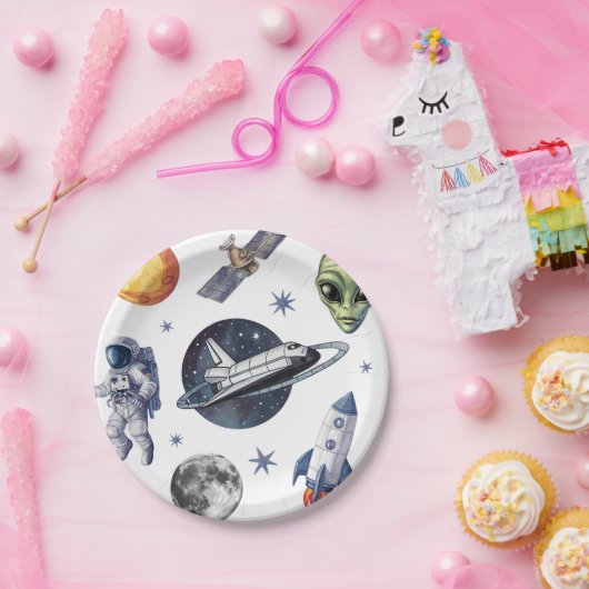 Assiettes En Carton Fusées moderne vaisseau spatial Planète Anniversai (Fête)