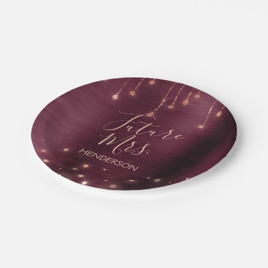 Assiettes En Carton Futur Mme Rose Gold Burgundy Sparkle Foil (Angle)