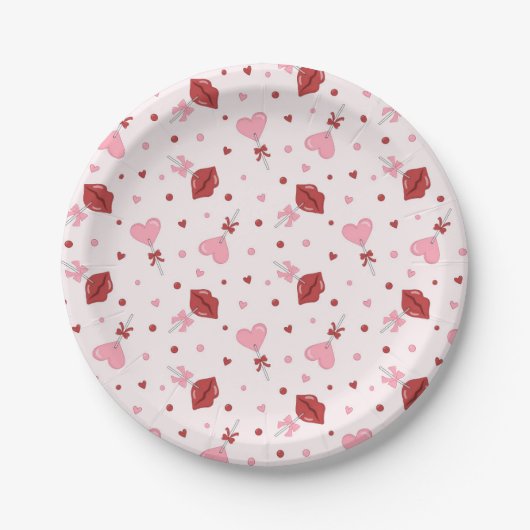 Assiettes En Carton Galentine's Valentine Pink Heart Lollipop Design (Devant)