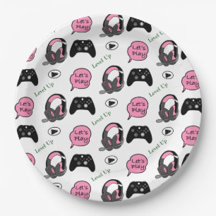 Assiettes En Carton Gamer Girl rose et noir anniversaire