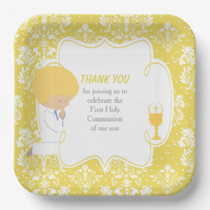 Assiettes En Carton Gamin blond de première communion orné de damas