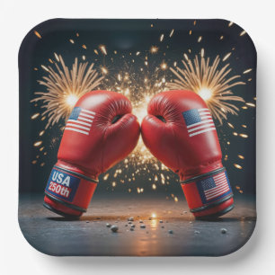 Assiettes En Carton Gants de boxe rouge pour USA 250e anniversaire