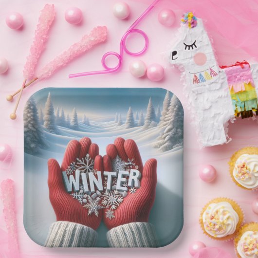 Assiettes En Carton Gants rouges avec texte d'hiver (Fête)