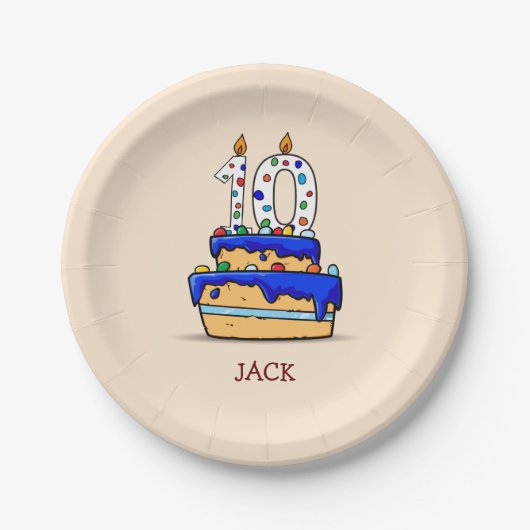 Assiettes En Carton Garçon 10e anniversaire, 10 sur gâteau bleu sucré (Devant)