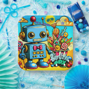 Assiettes En Carton Garçon anniversaire Robot Rétro personnalisable