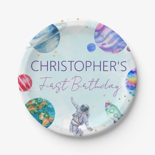 Assiettes En Carton Garçon Astronaut Gold Blue Rocket Ship Planet (Devant)