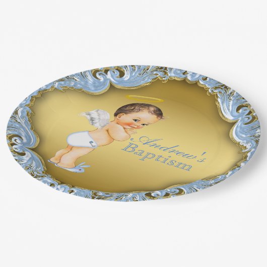 Assiettes En Carton Garçon Bleu Or Angel Baptême Christening (Angle)