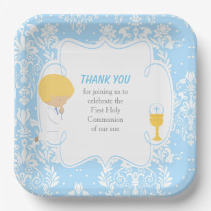 Assiettes En Carton Garçon Blond Première Communion Brocart Bleu