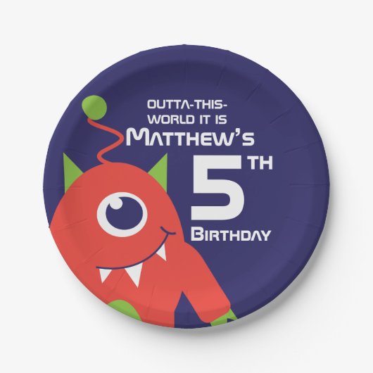 Assiettes En Carton Garçons alien 5e anniversaire plaque customisée (Devant)