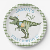 Assiettes En Carton Garçons Green Stomp Chomp Roar Dinosaur 1er annive (Devant)