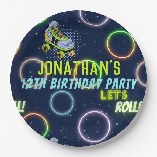 Assiettes En Carton Garçons Vert Bleu néon Lumières Roller Patinage (Devant)