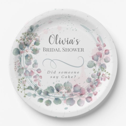 Assiettes En Carton Garden Party rose et vert Eucalyptus (Devant)