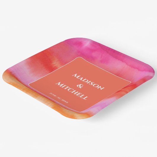 Assiettes En Carton Garden Sunrise Pink Orange Aquarelle Mariage (Angulaire)