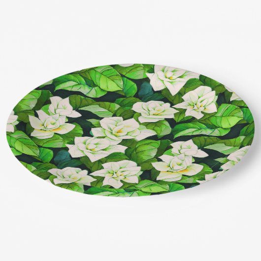 Assiettes En Carton Gardenias blanches et Feuilles verts de Jade (Angle)