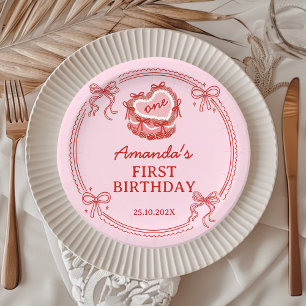 Assiettes En Carton Gâteau à ruban rouge et rose pour l'anniversaire d