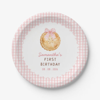 Assiettes En Carton Gâteau adoré gingham rose premier anniversaire