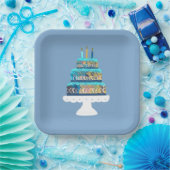 Assiettes En Carton Gâteau bleu avec bougies d'anniversaire (Fête)