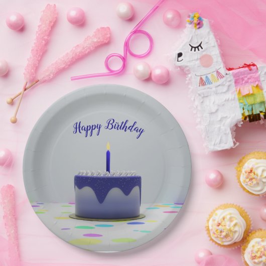 Assiettes En Carton Gâteau d'anniversaire bleu (Fête)