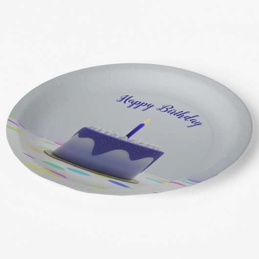 Assiettes En Carton Gâteau d'anniversaire bleu (Angle)