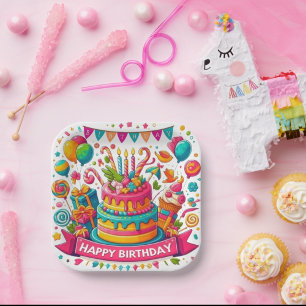 Assiettes En Carton Gâteau d'anniversaire coloré et joyeux
